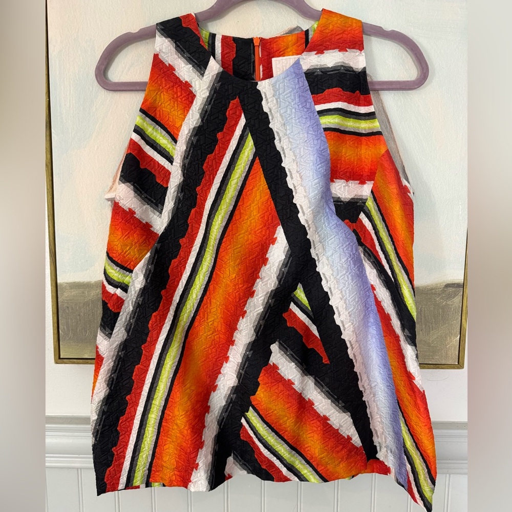PETER PILLOTO Silk Blend Stripe Bold Print Sleeveless Top Orange Green Size 14